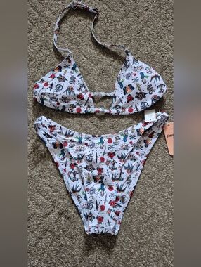 White Floral Tattoo Print Bikini Set Sz.M NWT Jimmi
